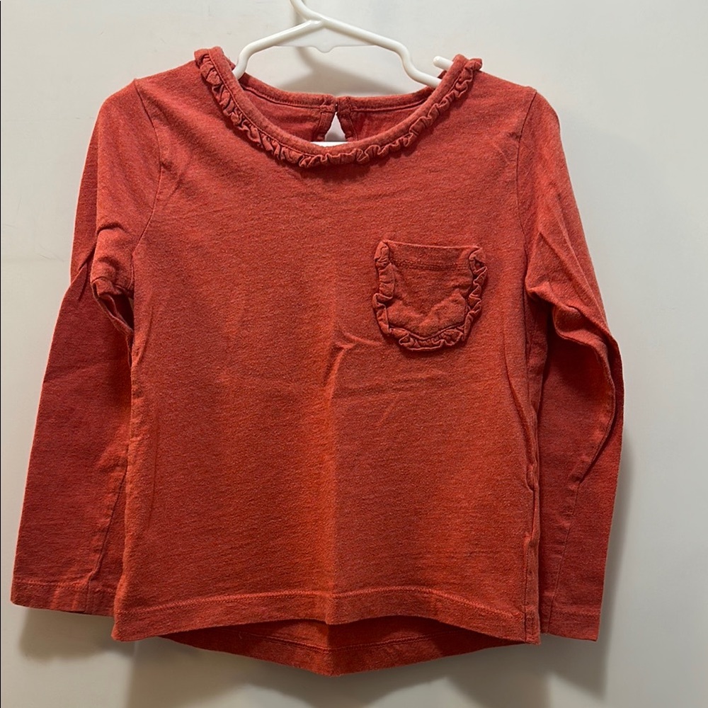 Mini Boden Orange Long Sleeve Tee with Ruffled Neckline & Front Pocket Size 4-5